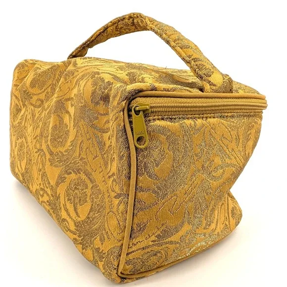 Vintage Oscar de la Renta Gold Brocade Cosmetic Bag Floral Damask Vanity Case - Picture 3 of 11